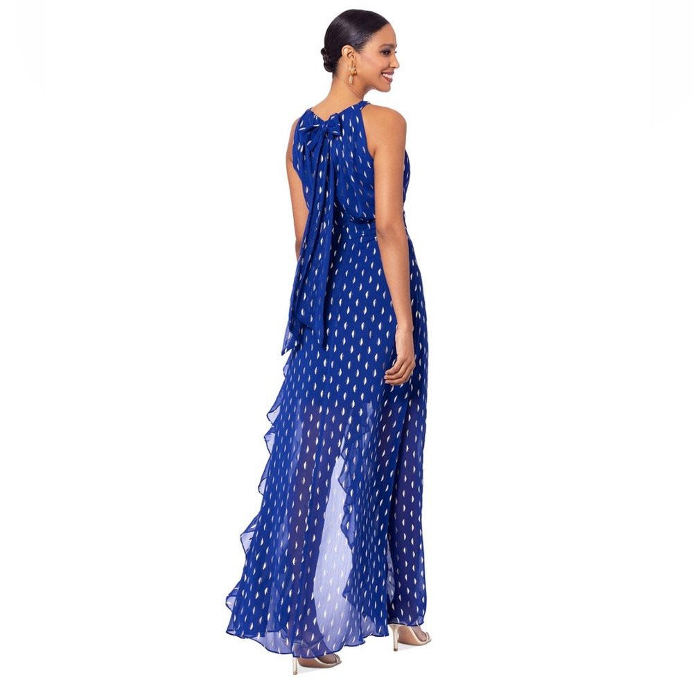 Betsy & Adam Metallic Chiffon Front Ruffle Slit Halter Neck Sleeveless Gown - Picture 14 of 17